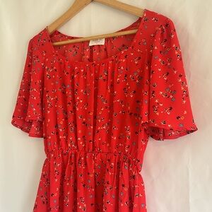 Sienna Sky Size Small Red Floral Cinched Waist Blouse Style Work Shirt Casual